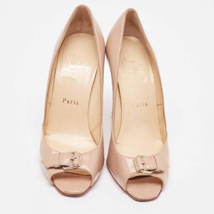 Pre Owned Christian Louboutin Beige Patent Leather Buckle Detail Peep Toe Pumps Size 37.5