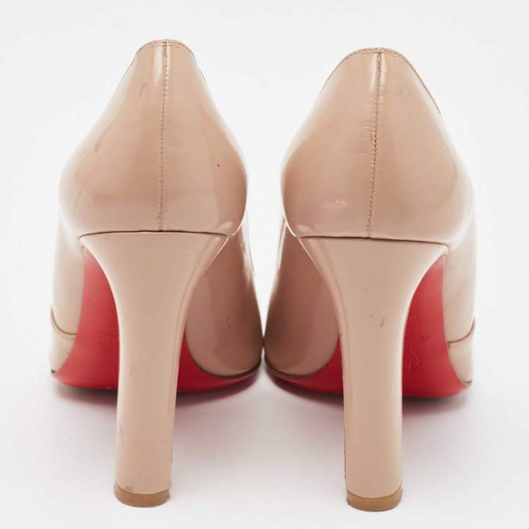 Pre Owned Christian Louboutin Beige Patent Leather Buckle Detail Peep Toe Pumps Size 37.5
