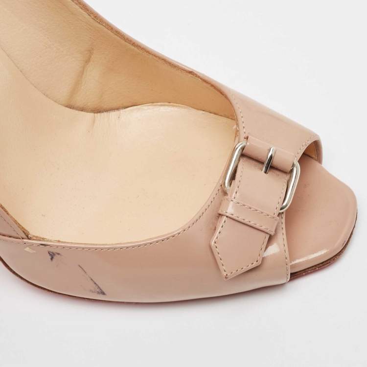 Pre Owned Christian Louboutin Beige Patent Leather Buckle Detail Peep Toe Pumps Size 37.5