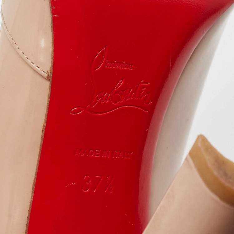Pre Owned Christian Louboutin Beige Patent Leather Buckle Detail Peep Toe Pumps Size 37.5