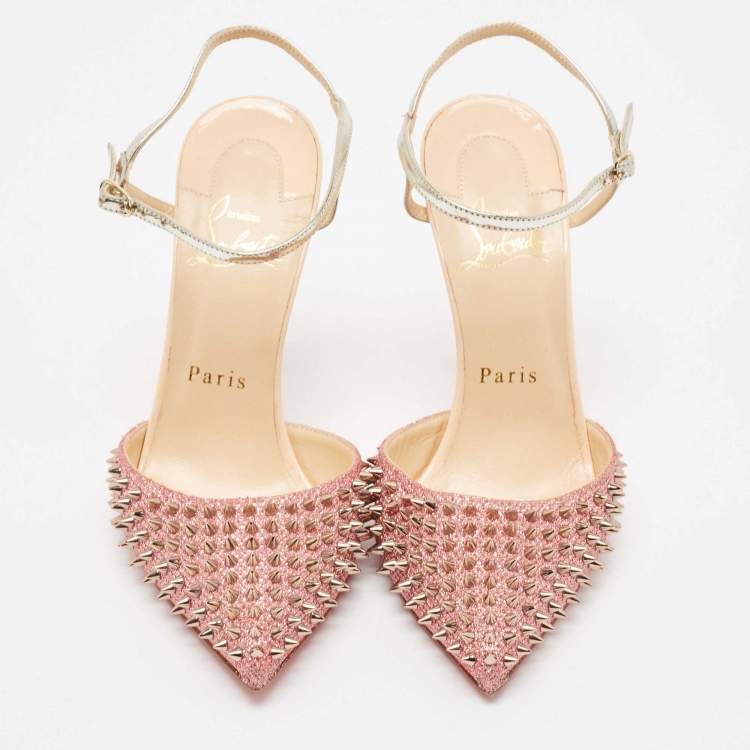 Pre Owned Christian Louboutin Pink/Silver Lurex Fabric and Leather Baila Spike Ankle Strap Pumps Size 36