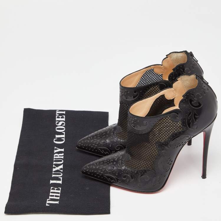 Pre Owned Christian Louboutin Black Leather and Mesh Ankle Booties Size 38