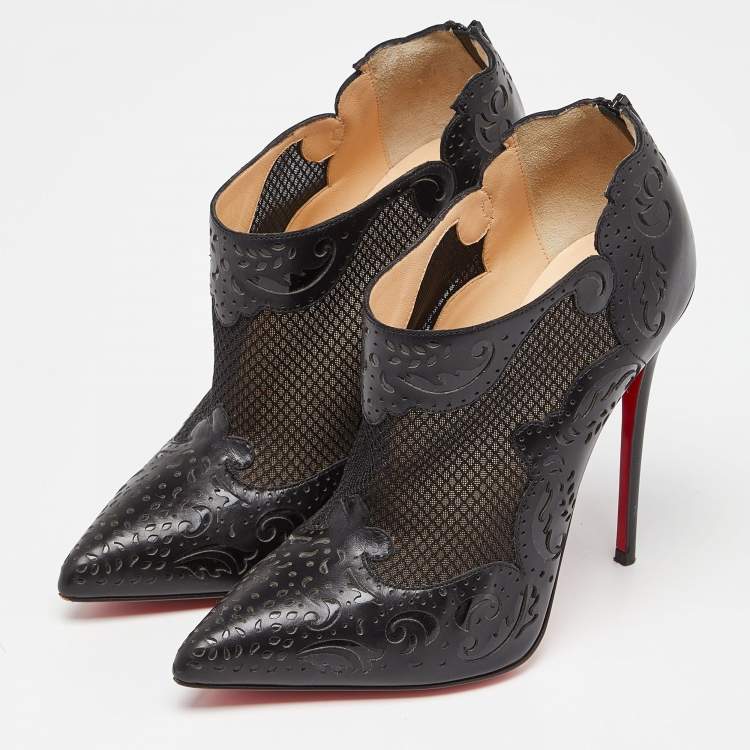 Pre Owned Christian Louboutin Black Leather and Mesh Ankle Booties Size 38