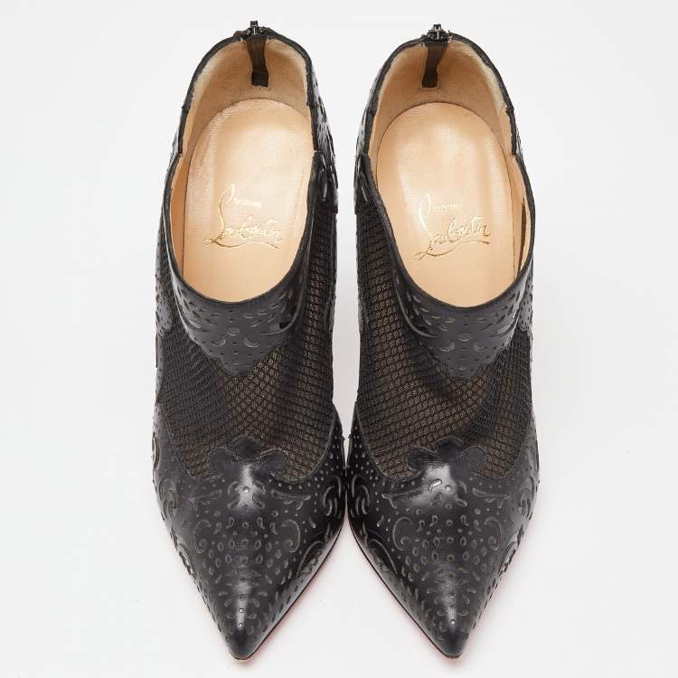 Pre Owned Christian Louboutin Black Leather and Mesh Ankle Booties Size 38