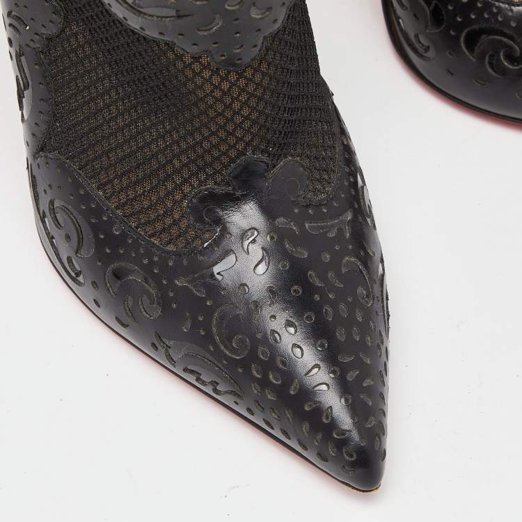 Pre Owned Christian Louboutin Black Leather and Mesh Ankle Booties Size 38