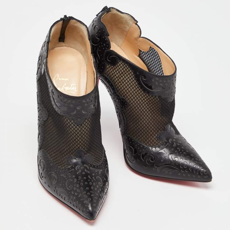 Pre Owned Christian Louboutin Black Leather and Mesh Ankle Booties Size 38