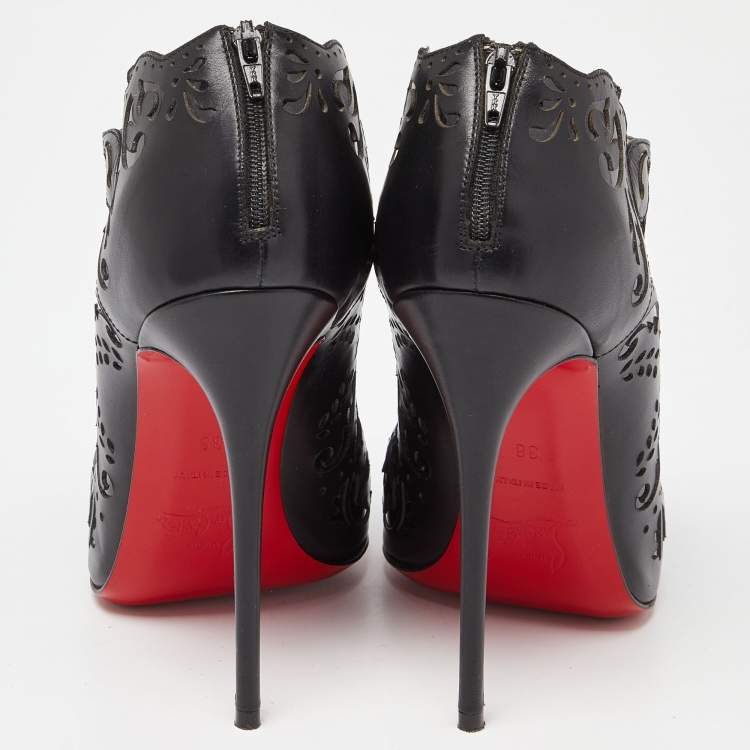 Pre Owned Christian Louboutin Black Leather and Mesh Ankle Booties Size 38