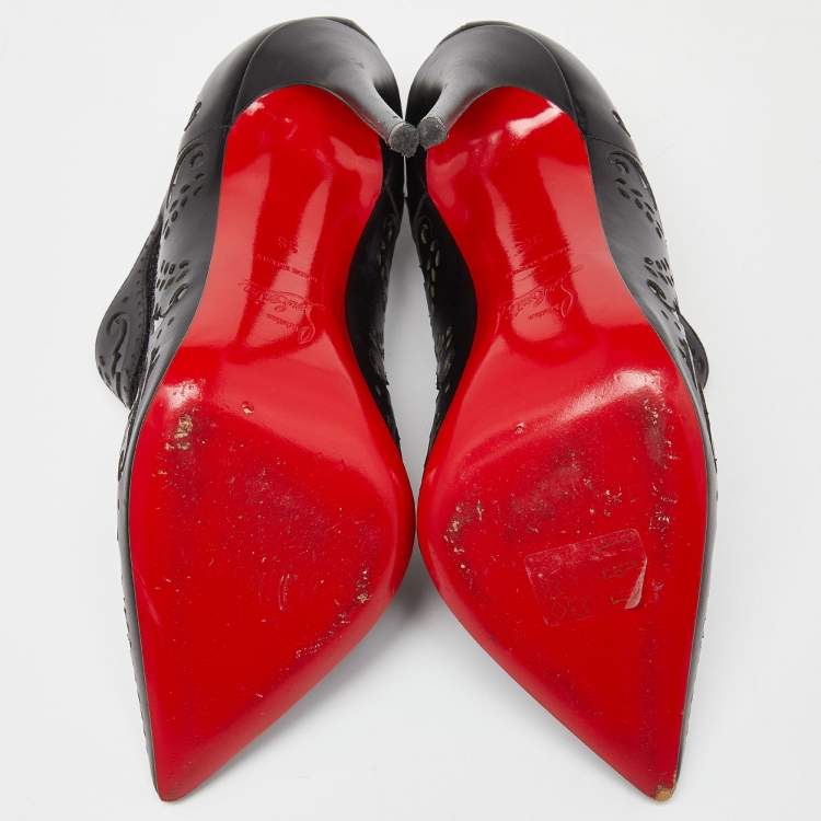 Pre Owned Christian Louboutin Black Leather and Mesh Ankle Booties Size 38