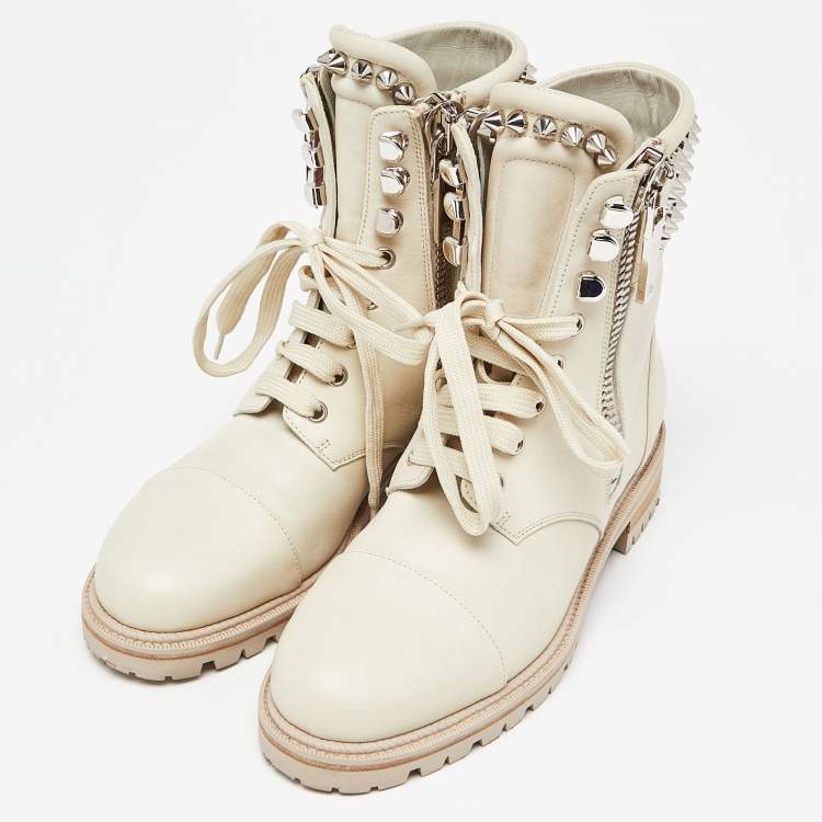 Pre Owned Christian Louboutin Pale Green Leather Spike Ankle Boots Size 38