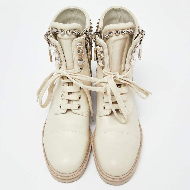Pre Owned Christian Louboutin Pale Green Leather Spike Ankle Boots Size 38