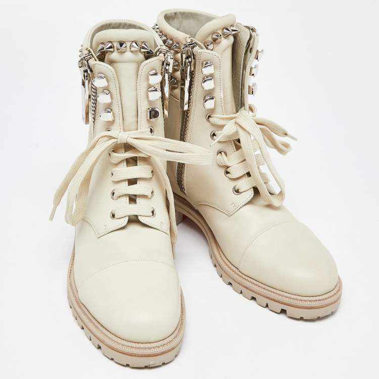 Pre Owned Christian Louboutin Pale Green Leather Spike Ankle Boots Size 38
