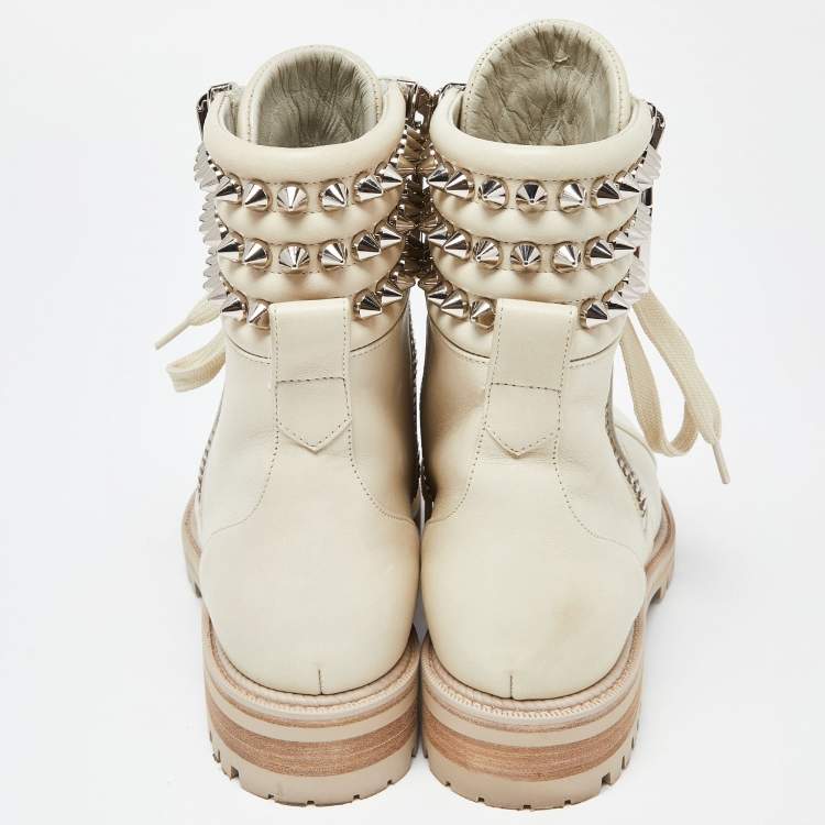 Pre Owned Christian Louboutin Pale Green Leather Spike Ankle Boots Size 38