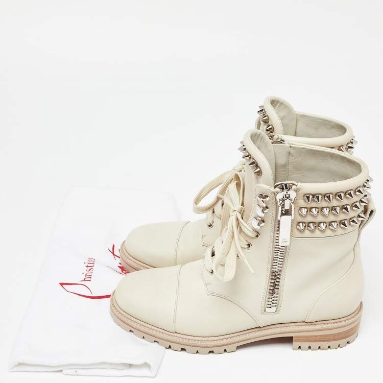 Pre Owned Christian Louboutin Pale Green Leather Spike Ankle Boots Size 38