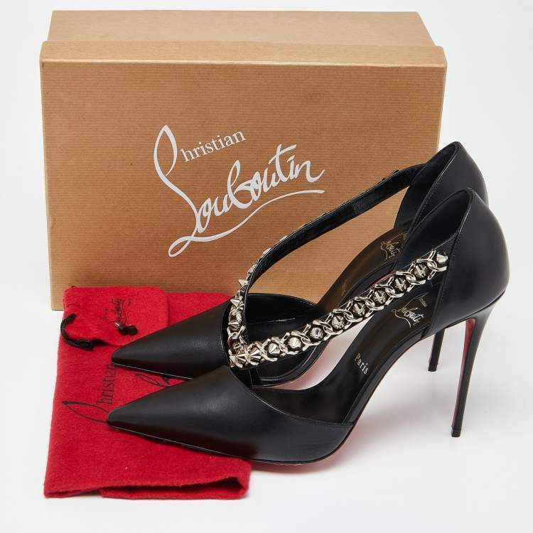 Pre Owned Christian Louboutin Black Leather Deomina Chain 100 Pumps Size 42