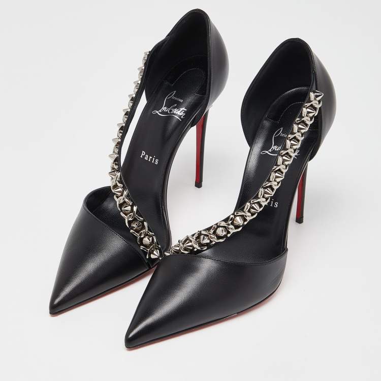 Pre Owned Christian Louboutin Black Leather Deomina Chain 100 Pumps Size 42