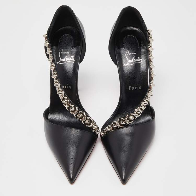 Pre Owned Christian Louboutin Black Leather Deomina Chain 100 Pumps Size 42
