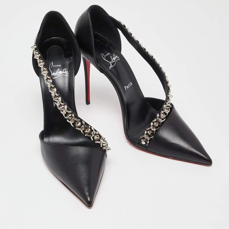 Pre Owned Christian Louboutin Black Leather Deomina Chain 100 Pumps Size 42