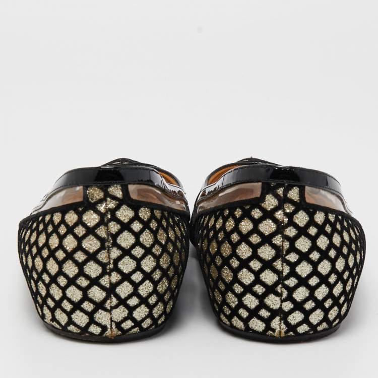 Pre Owned Christian Louboutin Black/Gold Mesh and Glitter Ballet Flats Size 38