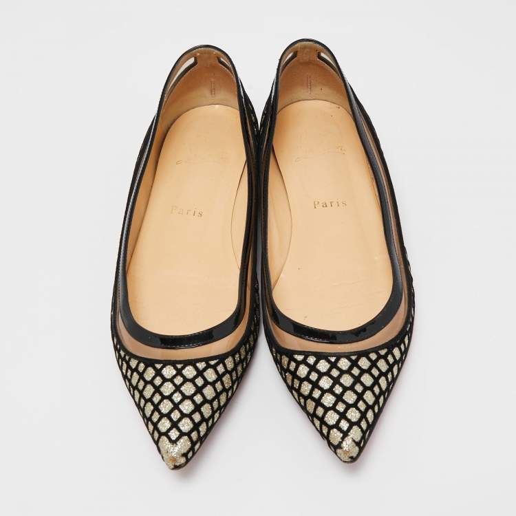 Pre Owned Christian Louboutin Black/Gold Mesh and Glitter Ballet Flats Size 38