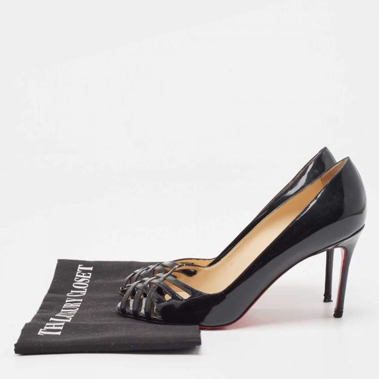 Pre Owned Christian Louboutin Black Cut Out Patent Leather Peep Toe Pumps Size 37.5