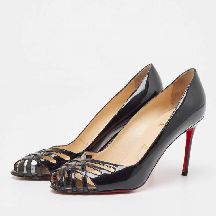 Pre Owned Christian Louboutin Black Cut Out Patent Leather Peep Toe Pumps Size 37.5