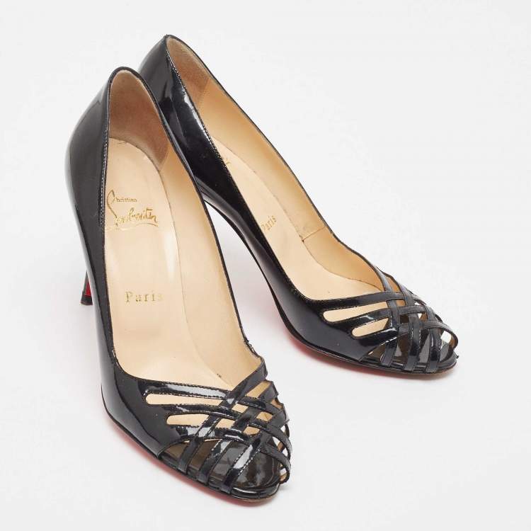 Pre Owned Christian Louboutin Black Cut Out Patent Leather Peep Toe Pumps Size 37.5