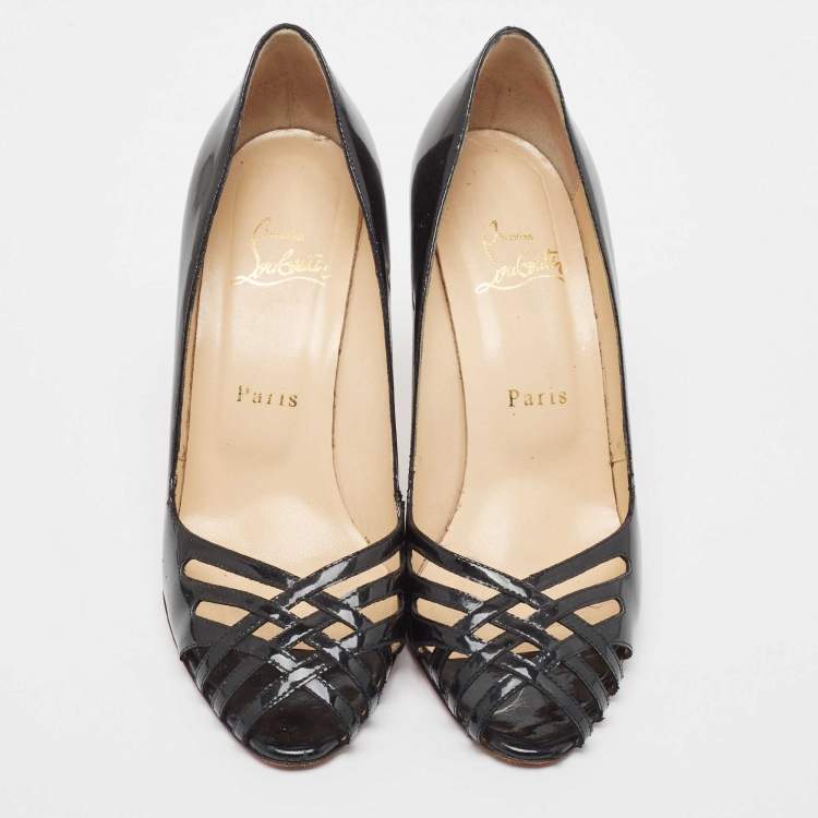 Pre Owned Christian Louboutin Black Cut Out Patent Leather Peep Toe Pumps Size 37.5