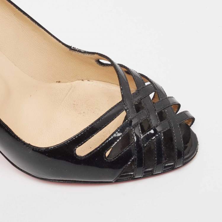 Pre Owned Christian Louboutin Black Cut Out Patent Leather Peep Toe Pumps Size 37.5
