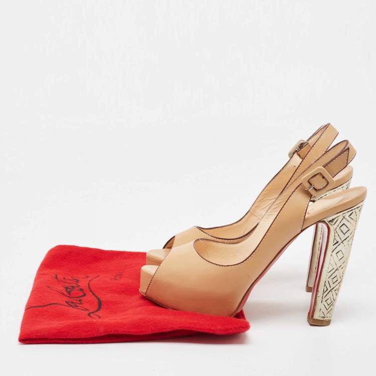 Pre Owned Christian Louboutin Beige Leather Peep Toe Slingback Pumps Size 37.5