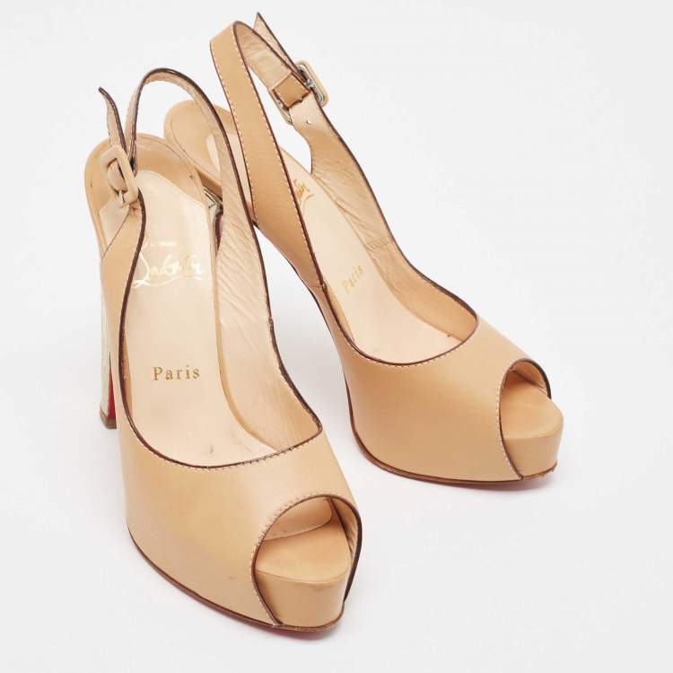 Pre Owned Christian Louboutin Beige Leather Peep Toe Slingback Pumps Size 37.5