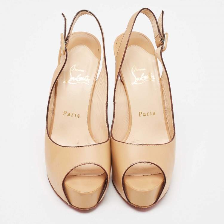 Pre Owned Christian Louboutin Beige Leather Peep Toe Slingback Pumps Size 37.5