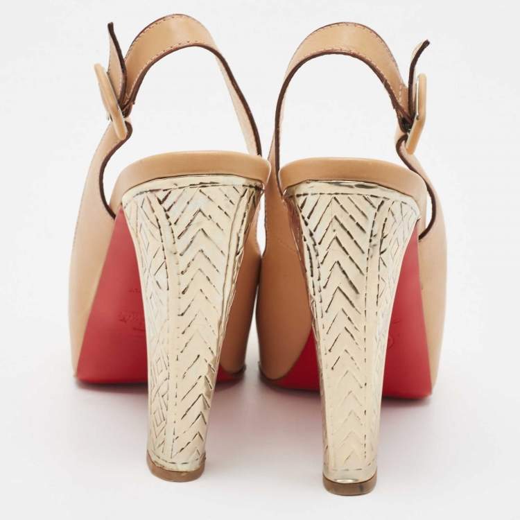 Pre Owned Christian Louboutin Beige Leather Peep Toe Slingback Pumps Size 37.5