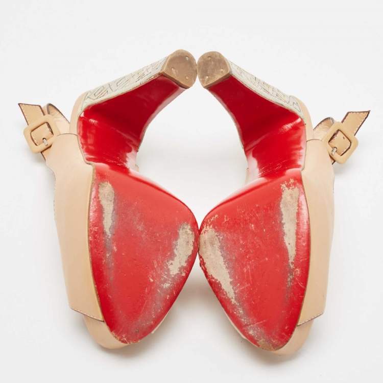 Pre Owned Christian Louboutin Beige Leather Peep Toe Slingback Pumps Size 37.5