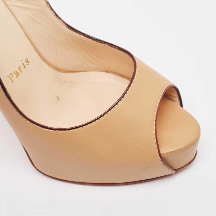Pre Owned Christian Louboutin Beige Leather Peep Toe Slingback Pumps Size 37.5