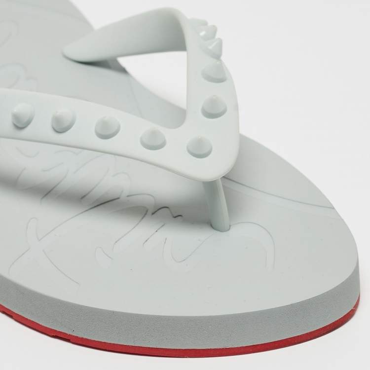 Pre Owned Christian Louboutin Grey Rubber Loubi Flip Spikes Thong Flats Size 39