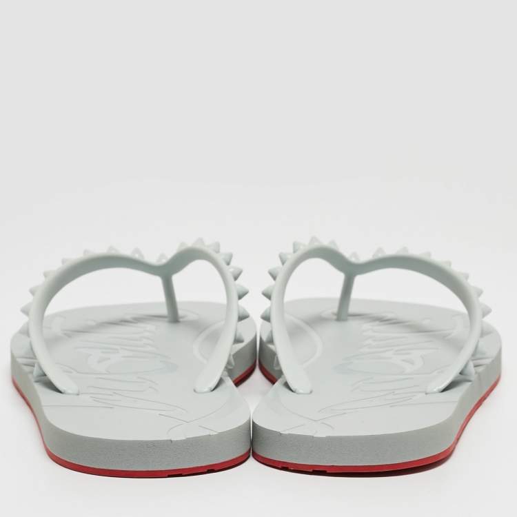 Pre Owned Christian Louboutin Grey Rubber Loubi Flip Spikes Thong Flats Size 39