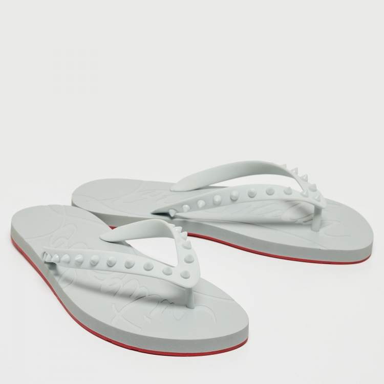 Pre Owned Christian Louboutin Grey Rubber Loubi Flip Spikes Thong Flats Size 39