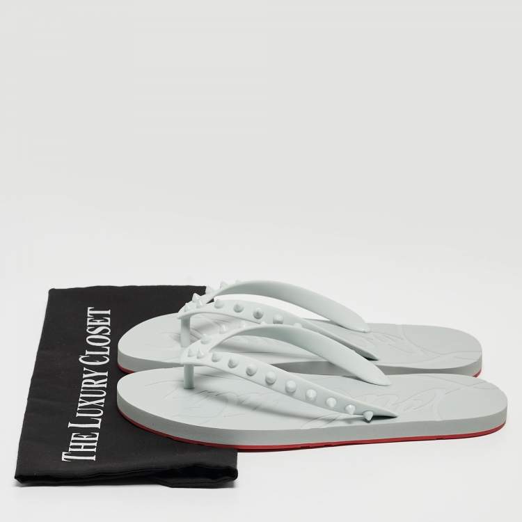 Pre Owned Christian Louboutin Grey Rubber Loubi Flip Spikes Thong Flats Size 39