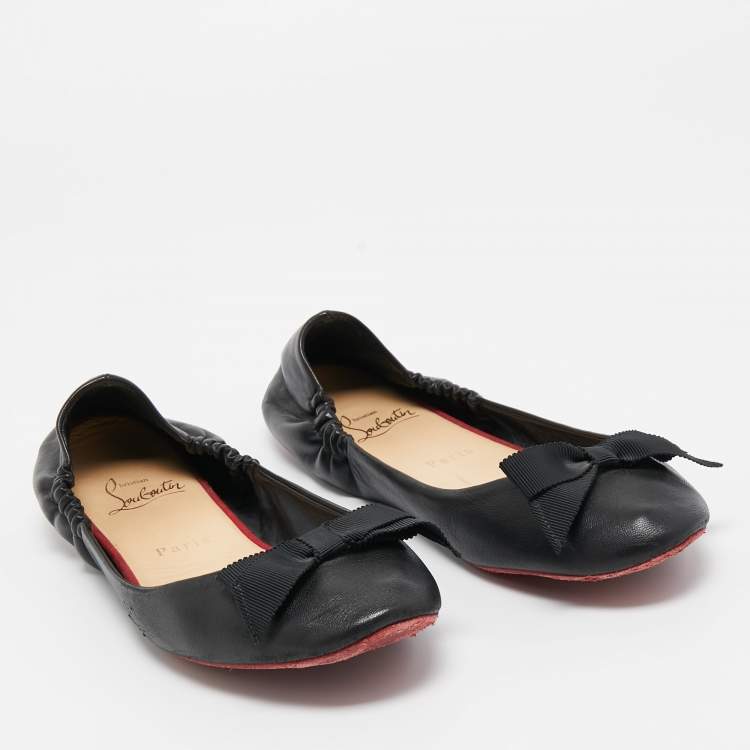Pre Owned Christian Louboutin Black Leather Air Loubi Scrunch Ballet Flats Size 37.5
