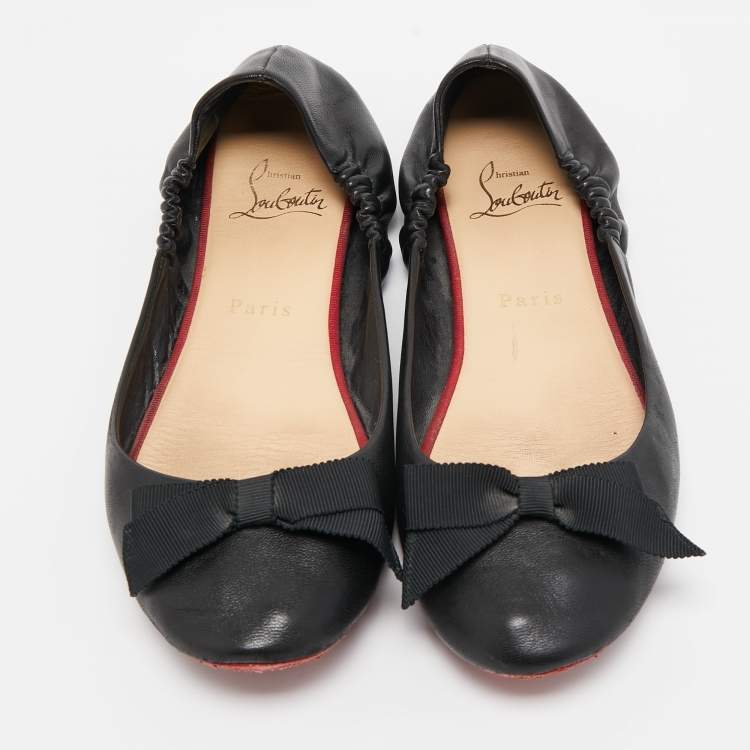 Pre Owned Christian Louboutin Black Leather Air Loubi Scrunch Ballet Flats Size 37.5