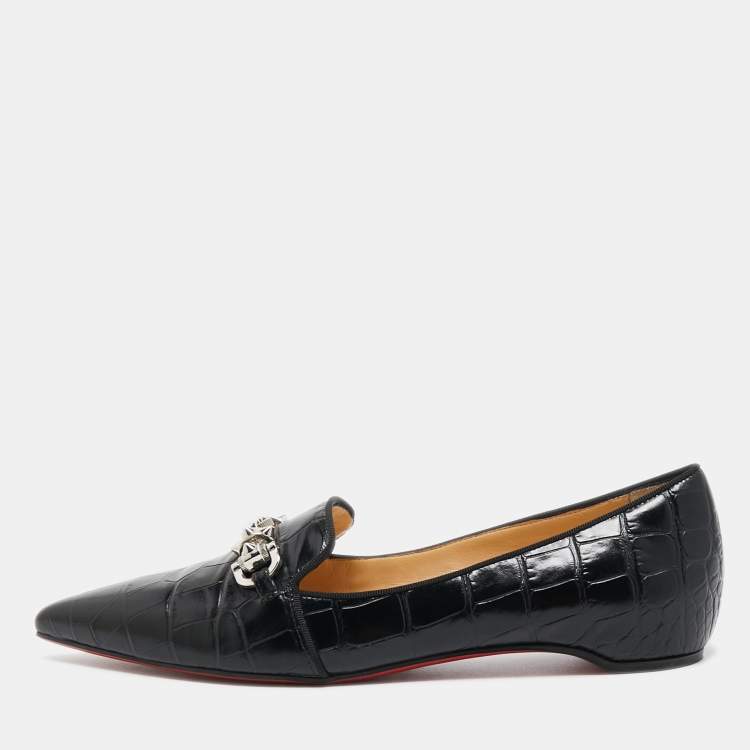 Pre Owned Christian Louboutin Black Croc Embossed Leather Kashasha Swing Loafers Size 36.5