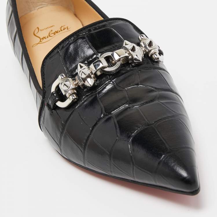 Pre Owned Christian Louboutin Black Croc Embossed Leather Kashasha Swing Loafers Size 36.5