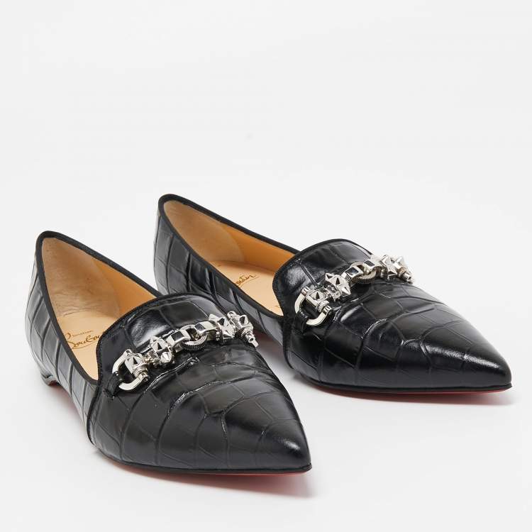 Pre Owned Christian Louboutin Black Croc Embossed Leather Kashasha Swing Loafers Size 36.5