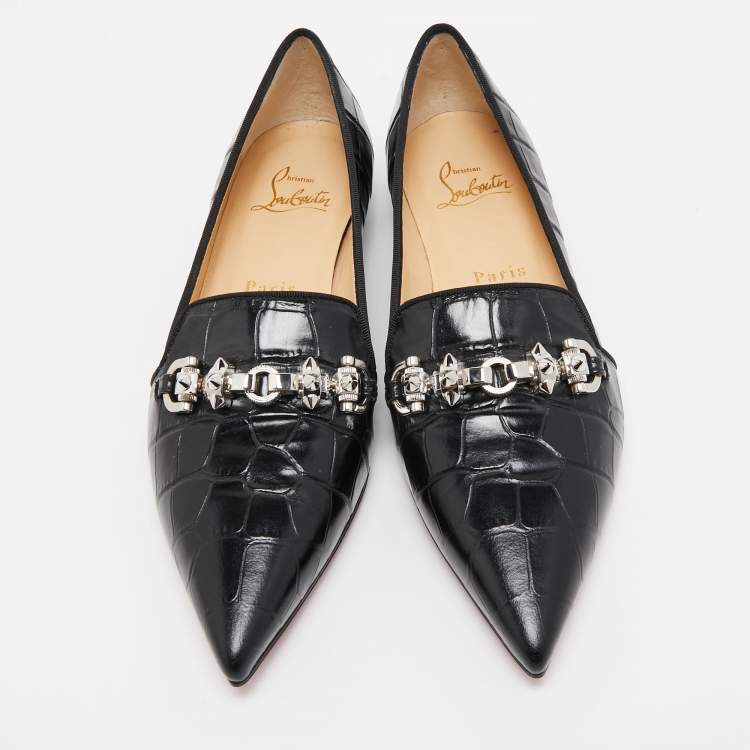 Pre Owned Christian Louboutin Black Croc Embossed Leather Kashasha Swing Loafers Size 36.5