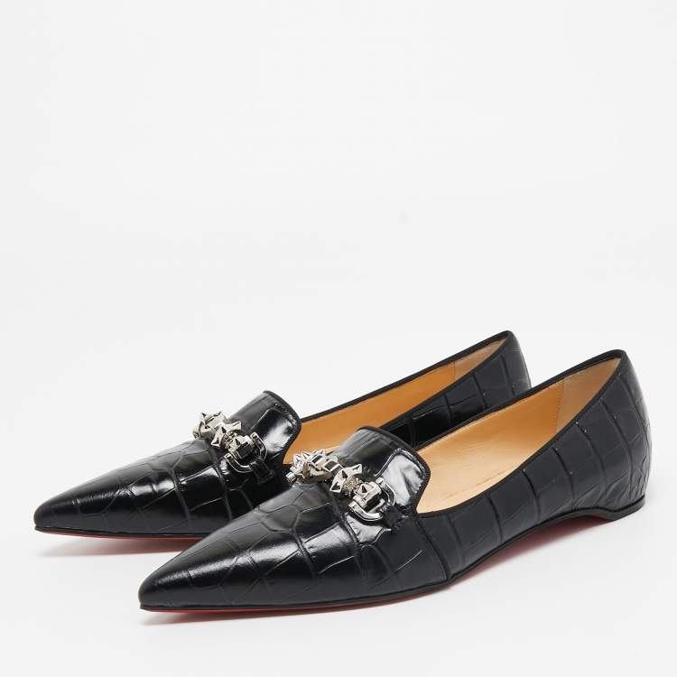 Pre Owned Christian Louboutin Black Croc Embossed Leather Kashasha Swing Loafers Size 36.5