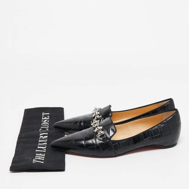 Pre Owned Christian Louboutin Black Croc Embossed Leather Kashasha Swing Loafers Size 36.5