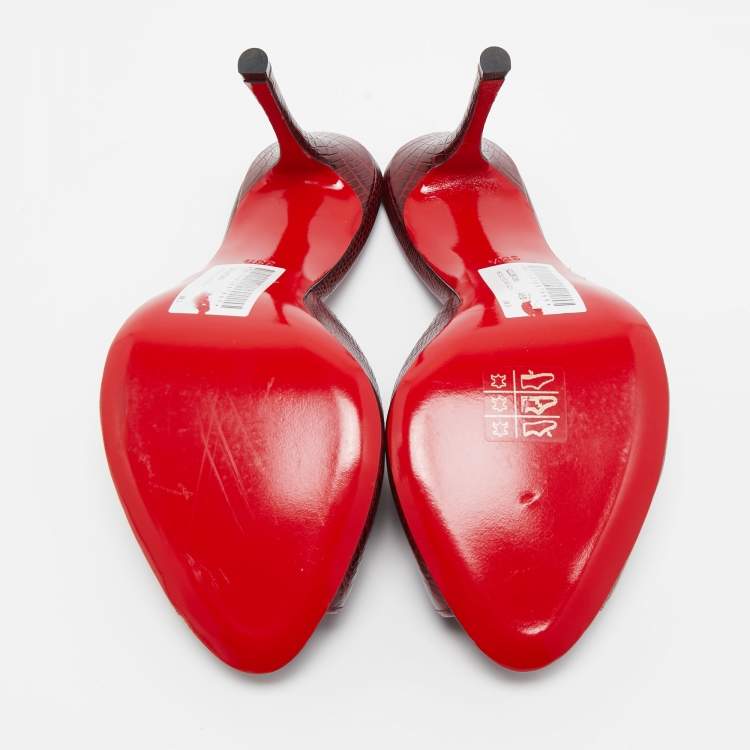 Pre Owned Christian Louboutin Burgundy Lizard Embossed Leather Me Dolly Slide Sandals Size 38.5