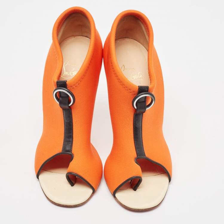Pre Owned Christian Louboutin Orange Fabric Peep Toe  Sandals Size 38