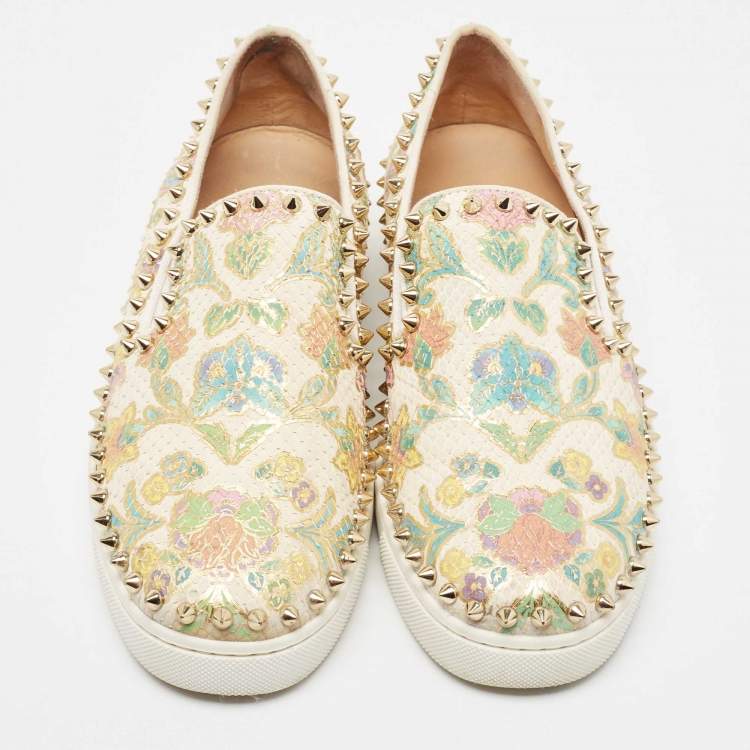 Pre Owned Christian Louboutin Multicolor Floral Print Embossed Snakeskin Pik Boat Sneakers Size 38.5 