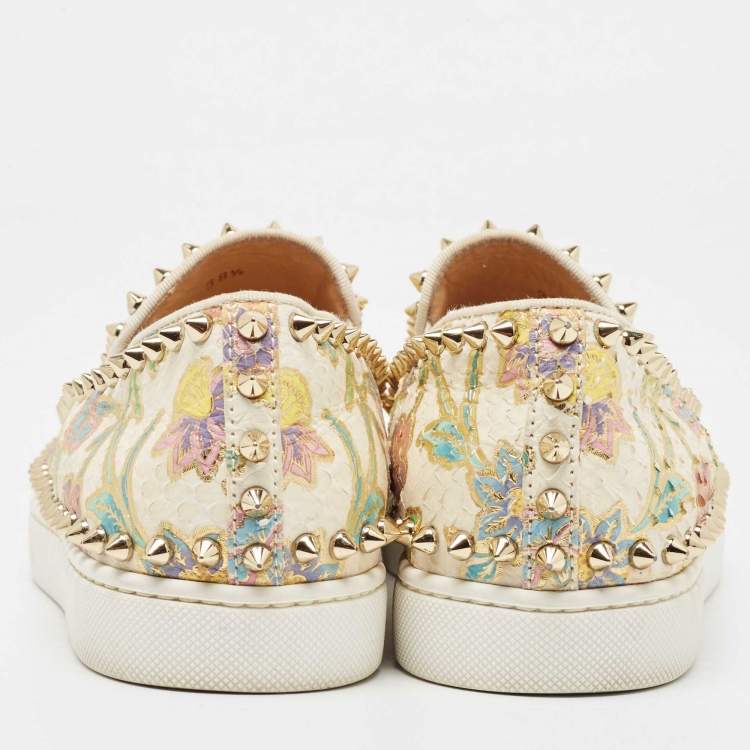 Pre Owned Christian Louboutin Multicolor Floral Print Embossed Snakeskin Pik Boat Sneakers Size 38.5 